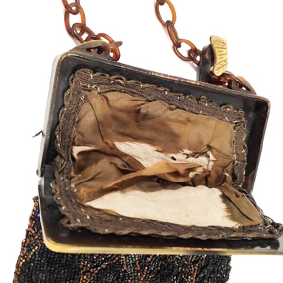 Antique Edwardian 1900s Beaded Handbag With A Carved Celluloid Frame And Handle - Picture 6 of 7